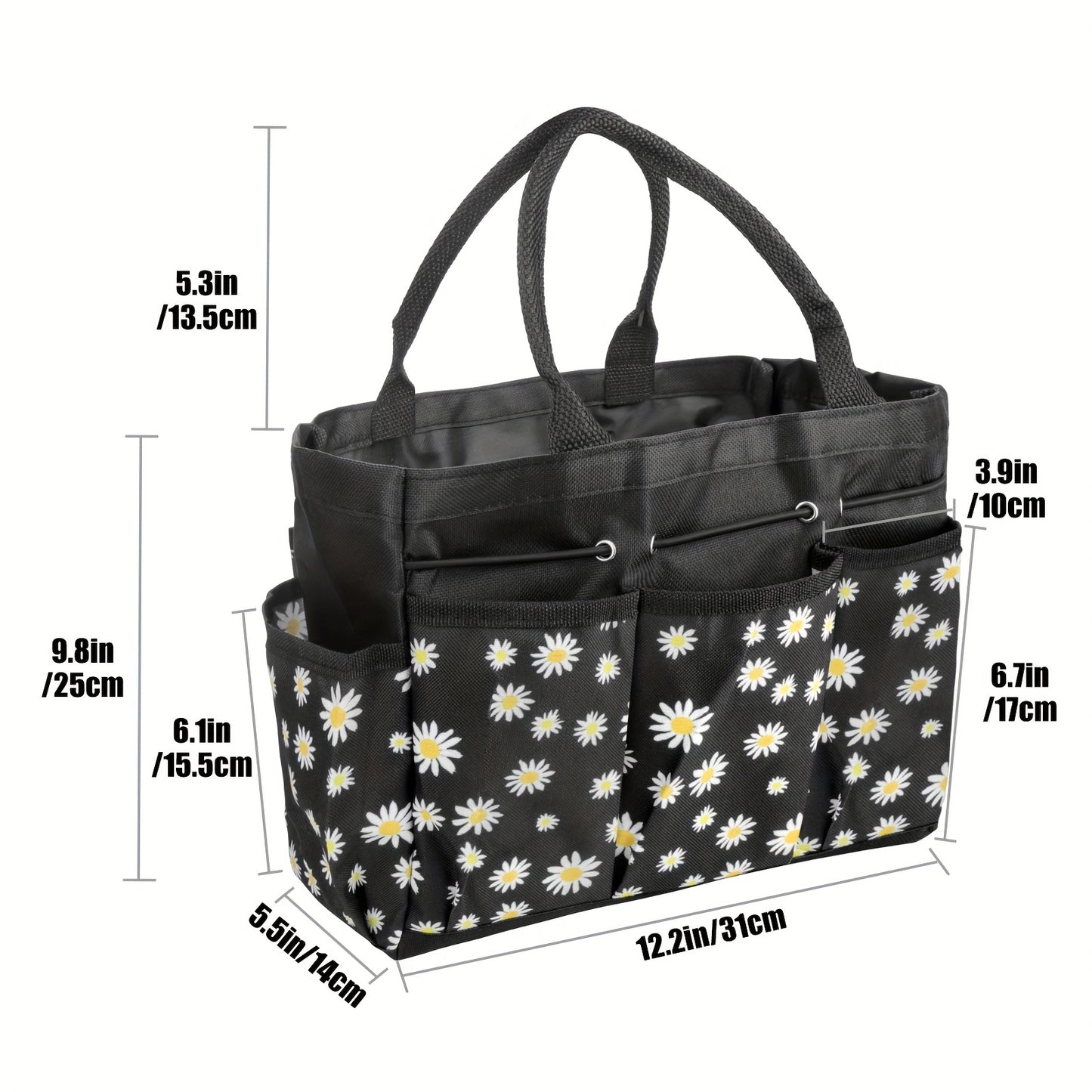 Garden Tool Bag with Handle – Heavy Duty Multi-Pocket Organizer, Large Capacity Tool Storage Carrier Bag for Gardening, Lawn Care, Camping & Outdoor Work, Portable Daisy Pattern Tote (No Tools Included)