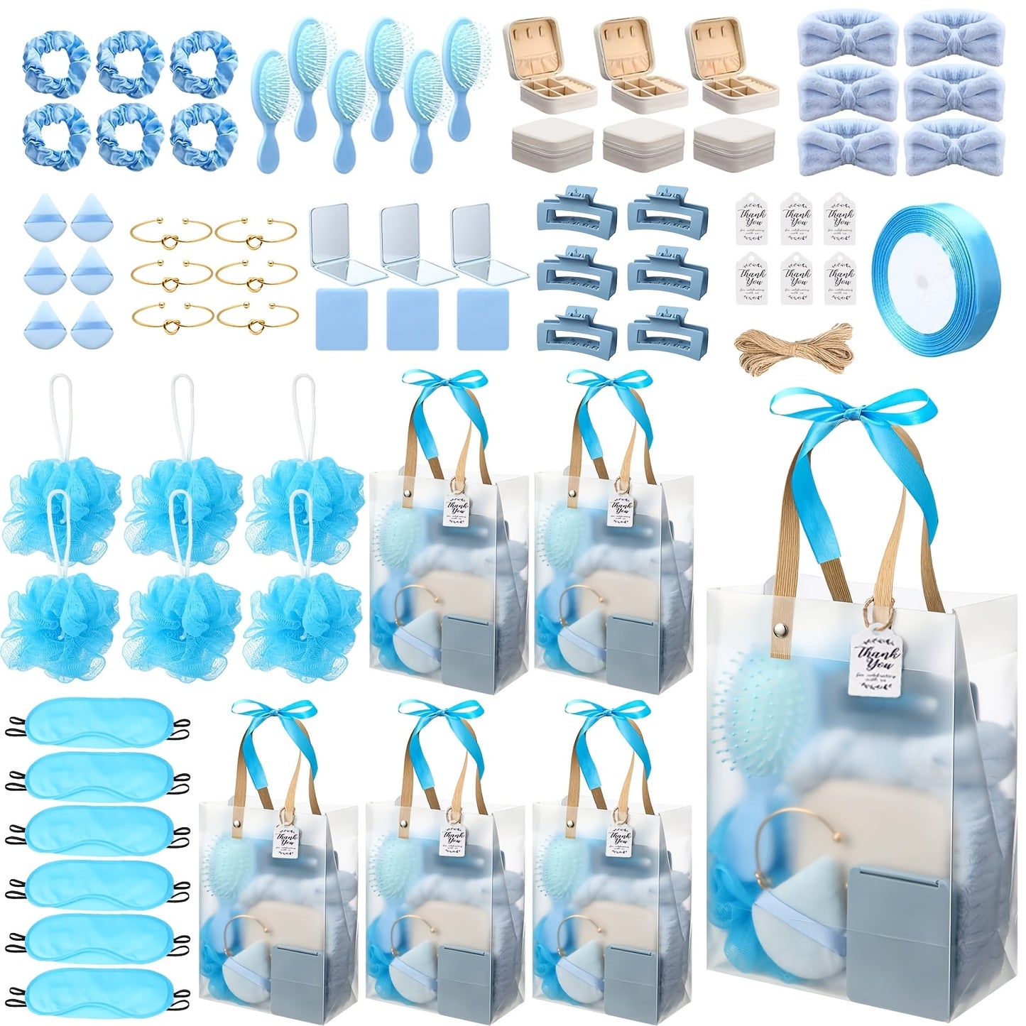 74pcs Headbands, Hair Brushes, Jewelry Boxes, Bracelets, Mirrors, Powder Puffs, Hair Ties, Clips, Bath Sponges & Gift Bags Set - Bridal Wedding Favors, Game Winner Prize Pack (Pink/ Blue Options), for Christmas Events & Party Supplies