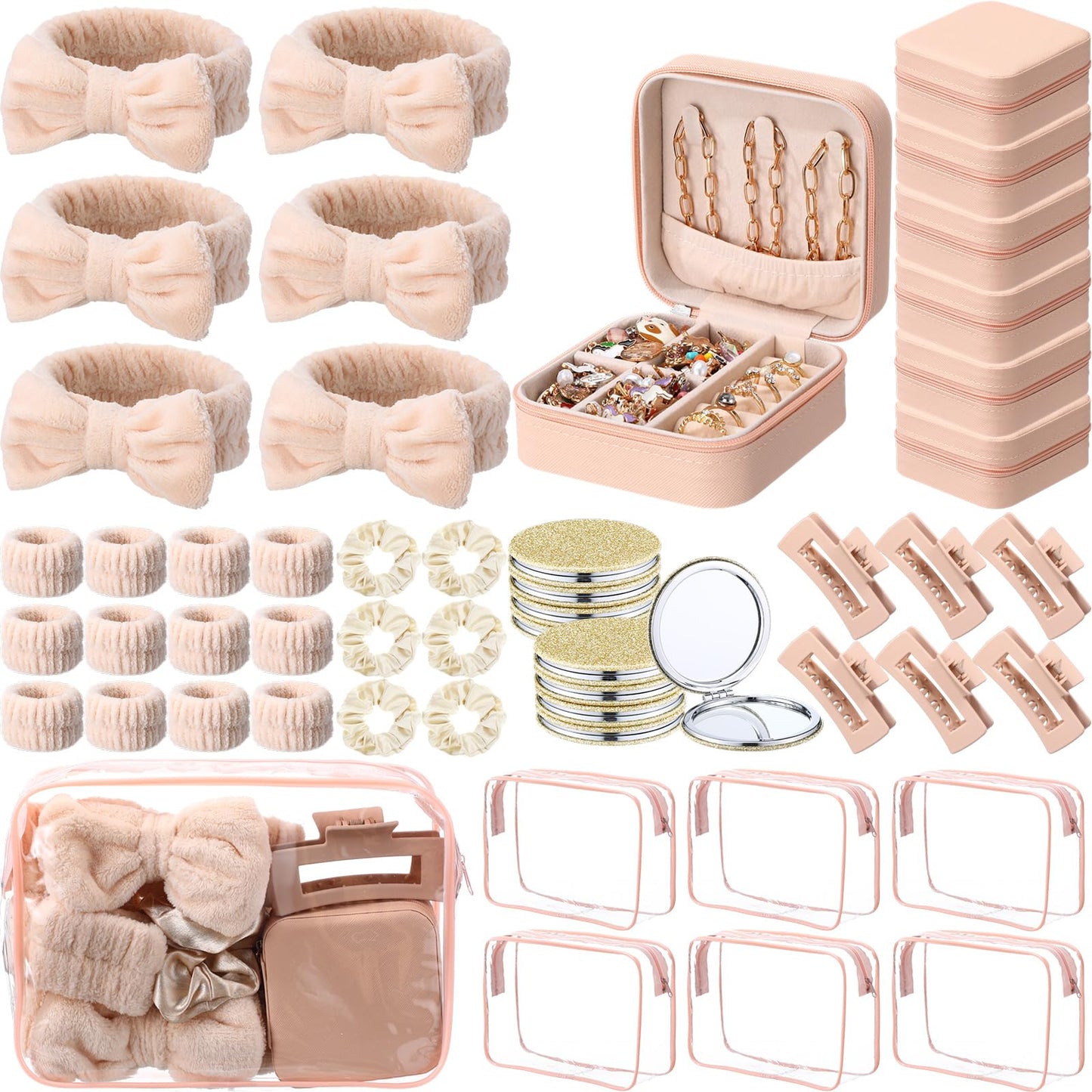 Spa Party Favors Set 48pcs for Women – Sleepover Party Supplies with Headband, Wristband, Scrunchies, Hair Clip, Jewelry Case, Makeup Bag & Mirror, Bridesmaid Proposal Gift, Girls Night Return Gifts