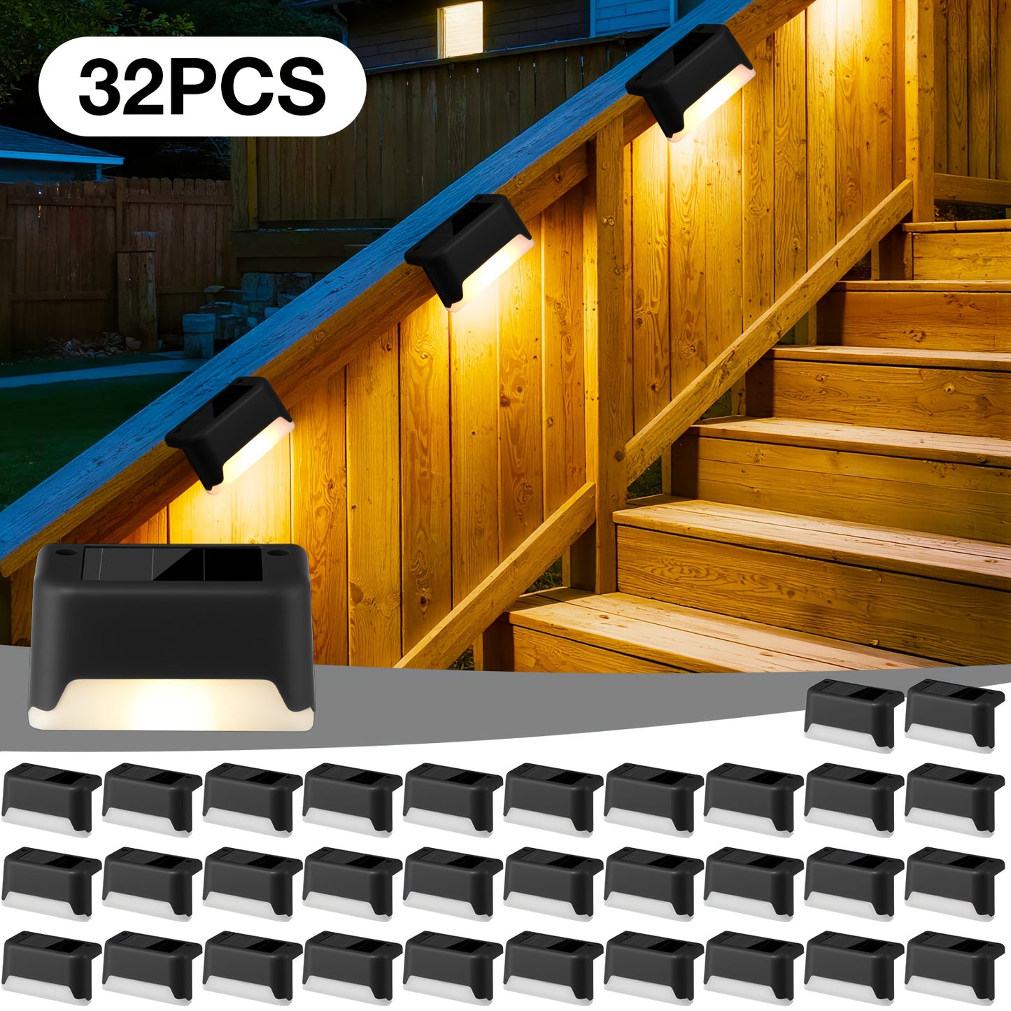16/32pcs Solar Deck Lights, Solar Step Lights, IP65 LED Lights, 12 Hr Night Lighting for Outdoor Stairs, Fence, Ideal Pathway Lights for Commercial Spaces Like Malls, Hotels And Libraries, Fence Lights for Business, Solar LED Lights