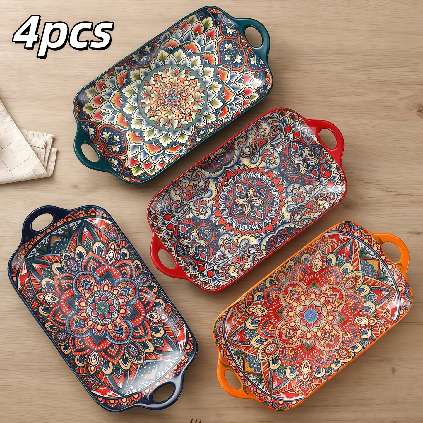 of 4, Bohemian-Inspired Ceramic Dish, Double-Handled Baking Tray, Rectangular Fish Platter, Ideal for Family Gatherings, Dining Establishments, Sushi Restaurants, Celebrations, Outdoor Picnics, Pasta Dishes, Vegetable Salads, Fruits, Desserts