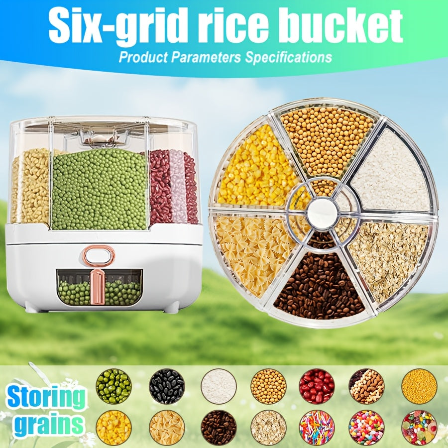 Rotating for Rice Bucket |6-Grid Cereal Dispenser, for Rice Bucket |Large Capacity Airtight Dispenser with A Transparent Window, Features Moisture-Proof And Insect-Proof Design, Suitable for Rice, Cereals