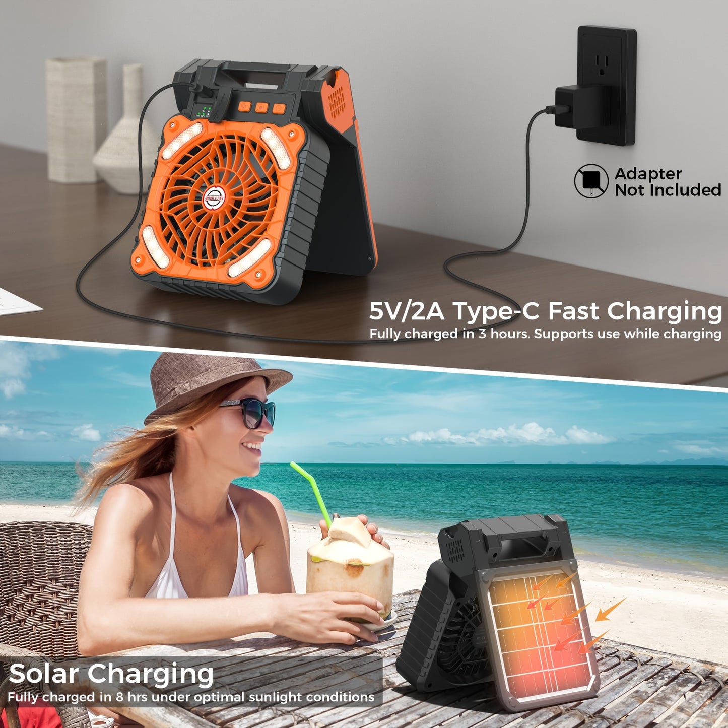 Portable Camping Battery Fan With Solar Panel, 10400mAh Rechargeable Fan With Timer LED Light Small USB Battery Powered Camping Fans For Travel Picnic Outdoor Indoor Cooling Sleeping