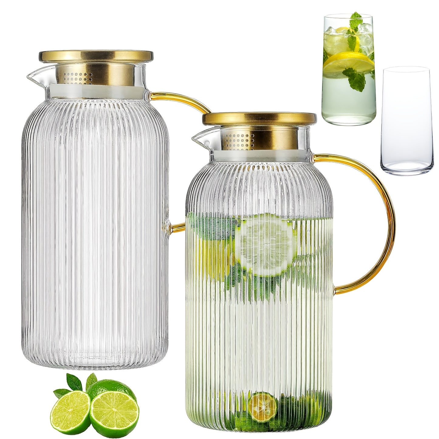 FBL&HM 2/4 PACK Glass Pitcher With 304 Stainless Steel Lid, 68 Oz/ 2 Liter Classic Vertical Stripes Water Pitcher, Glass Water Carafe For Cold Brew, Coffee, Lemonade, Iced Sun Tea, Beverage, Milk, Heat Resistant