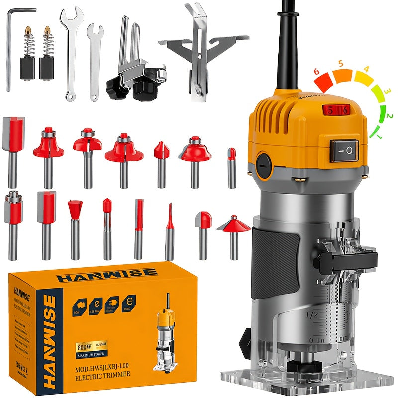 HANWISE Wood Router, 6.1Amp 800W Wood Routers For Woodworking, Hand Wood Router Tool, 35000R/MIN Compact Edge Trimmer With 15 1/4" Router Bit Set Slotting And Carving, Guide Accessories And Wrenches, Suitable For, Carving And Edge Treatment