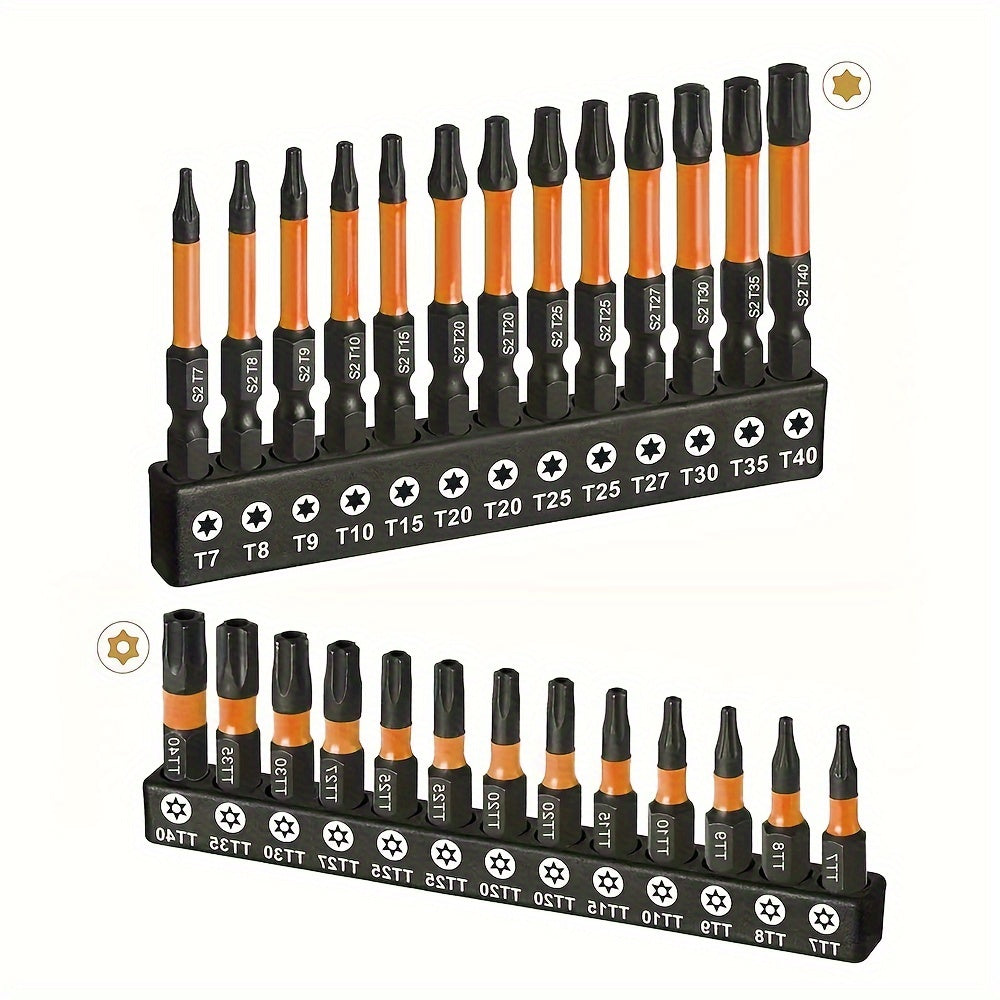 DEXIMRO 26pcs Impact Torx Bit Set Includes Bits Ranging from T7 to T40, Made of S2 Steel for Security And Tamper-Proof Features. This Set Features CNC Machined Tips, Impact Bits of 1" And 2" Lengths