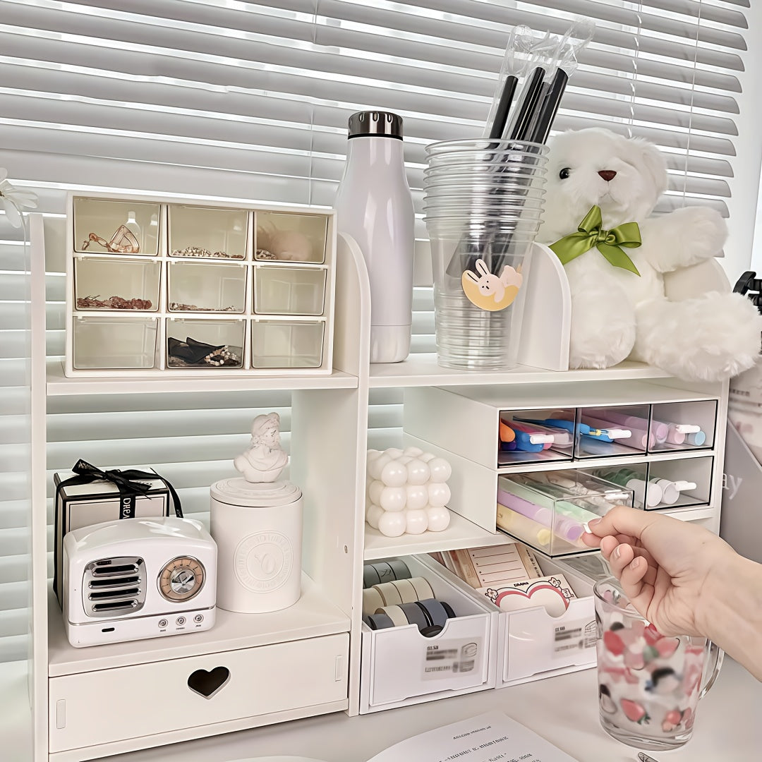 Desktop Organizer Double Layer Desk Shelf – 2-Tier Storage Rack for Office Supplies, Stationery, Cosmetics | Space-Saving Bookshelf for Bedroom, Dorm, Home Office, Waterproof Wood-Plastic