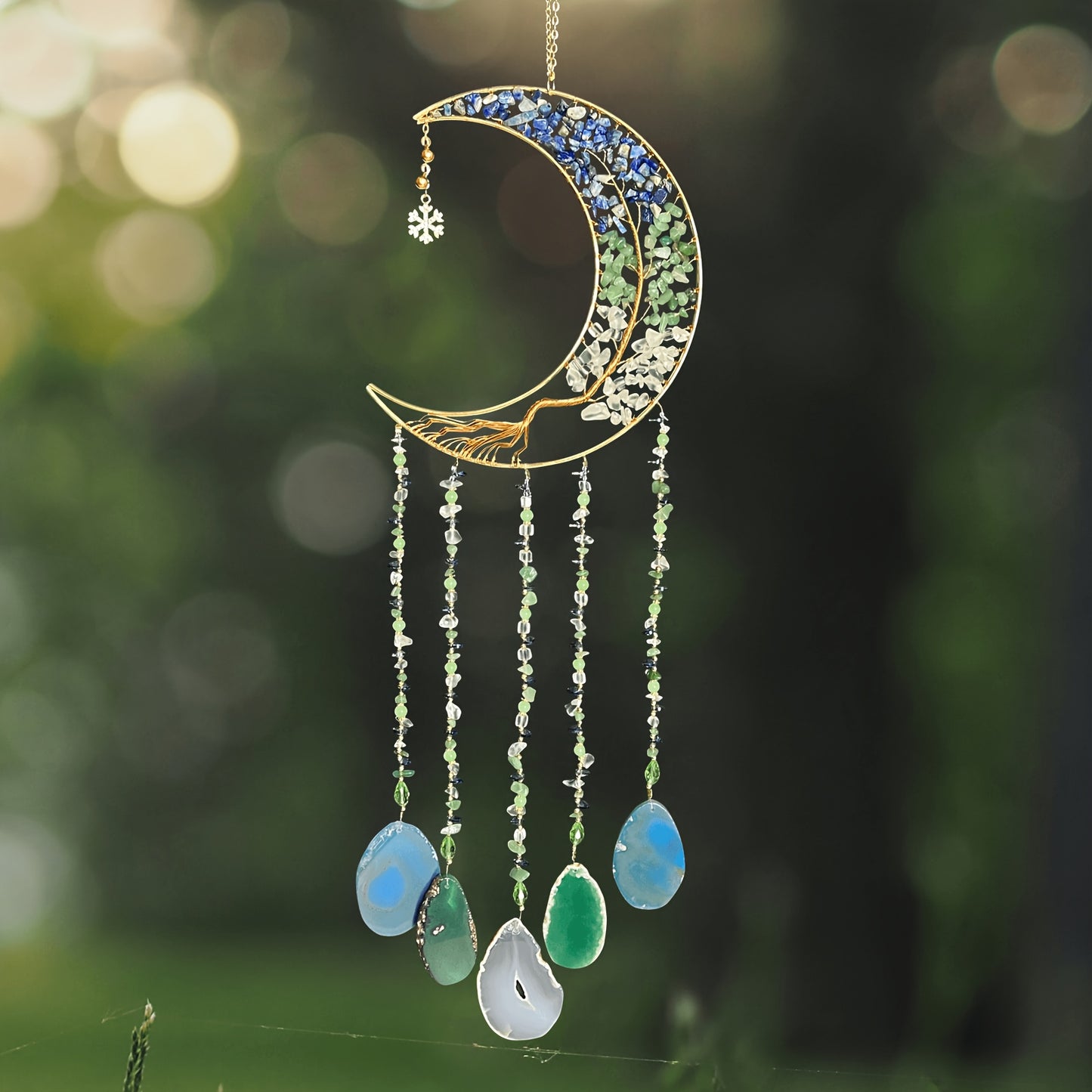 Handmade Moon Agate Tree Hanging Ornament, Unique Boho Suncatcher, Birthday Holiday Christmas Gift for Mom, Friends & Her
