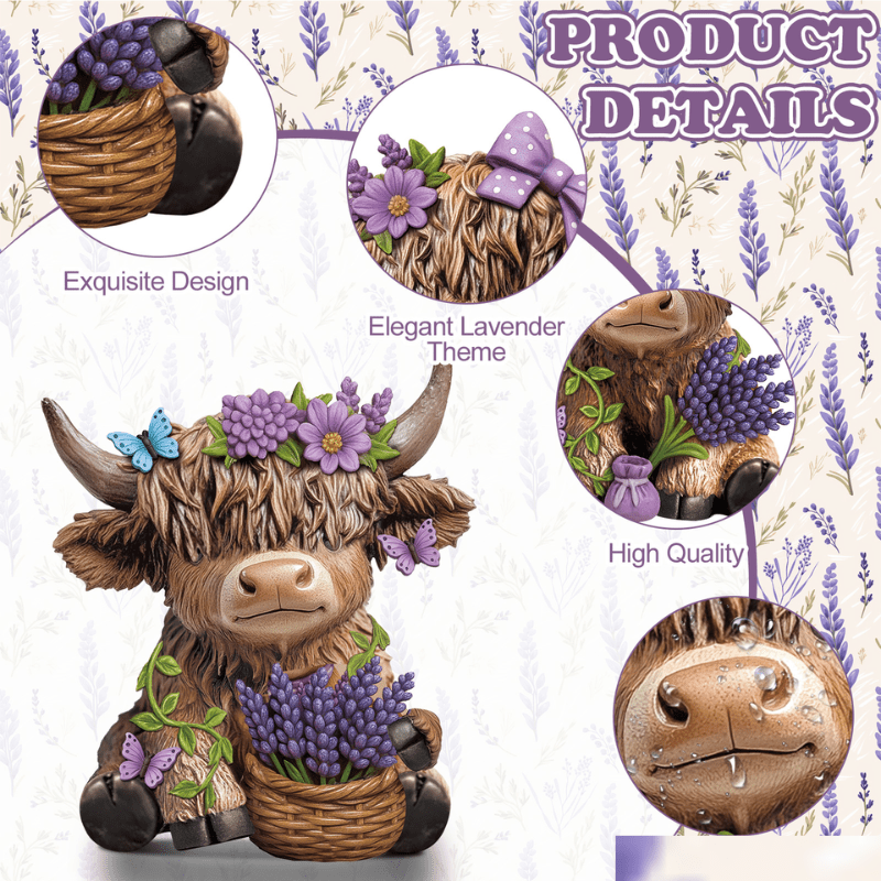 2pcs Scottish Highland Cow Figurines with Lavender - Resin Calf Statue Suitable for Home Garden Office Decor, Spring Table Centerpiece, Scottish Gnome Gifts for, Shelf Tray Display, Lavender-Themed Scottish Cow Statues
