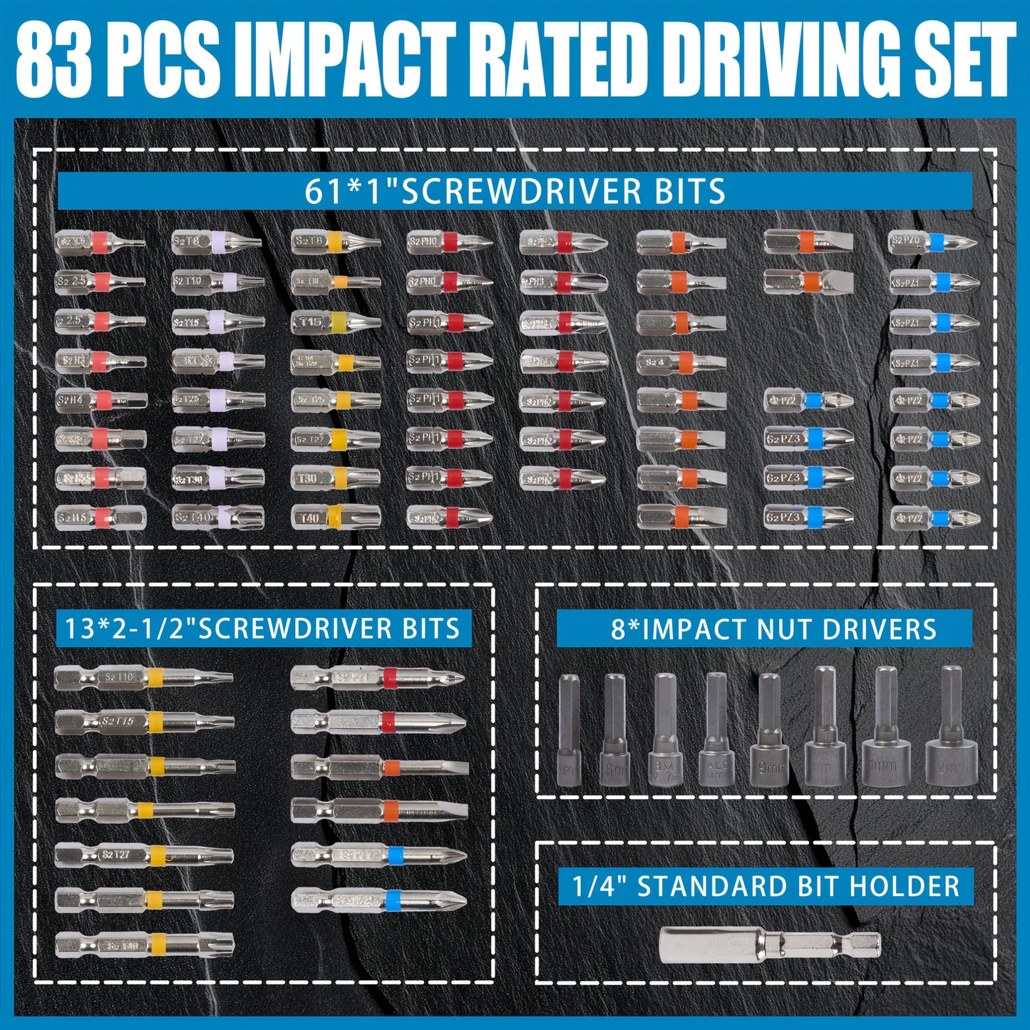 83pcs Impact Driver Drill Bit Set - S2 Steel Cross Slotted, Square, Star, Hex, And Torx Bits - Ideal for Home Improvement And DIY Projects, Magnetic Drill Holder | Durable Drill Bits | Drill Bits Set