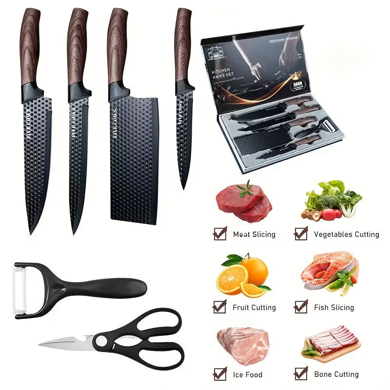 6 Kitchen Knife Set, Chef'S Knife, Slicing Knife, Scraper And Scissors, High Carbon Stainless Steel Super Sharp, With Anti-stick Ergonomic Wooden Handle, Suitable For Home Cooking, Camping, RV Trips, Holiday Gifting, Wedding Presents, Gift Box Set