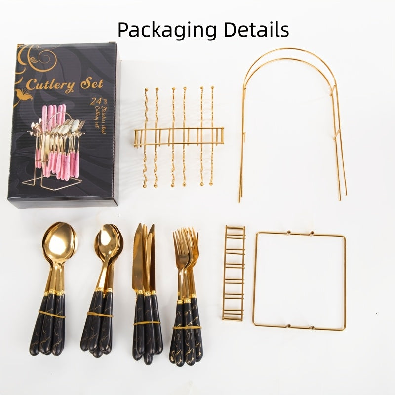 Thickened Marbled Hot Stainless Steel Tableware 24pcs Gift Box Storage Rack Western Steak Knives, Forks And Spoons