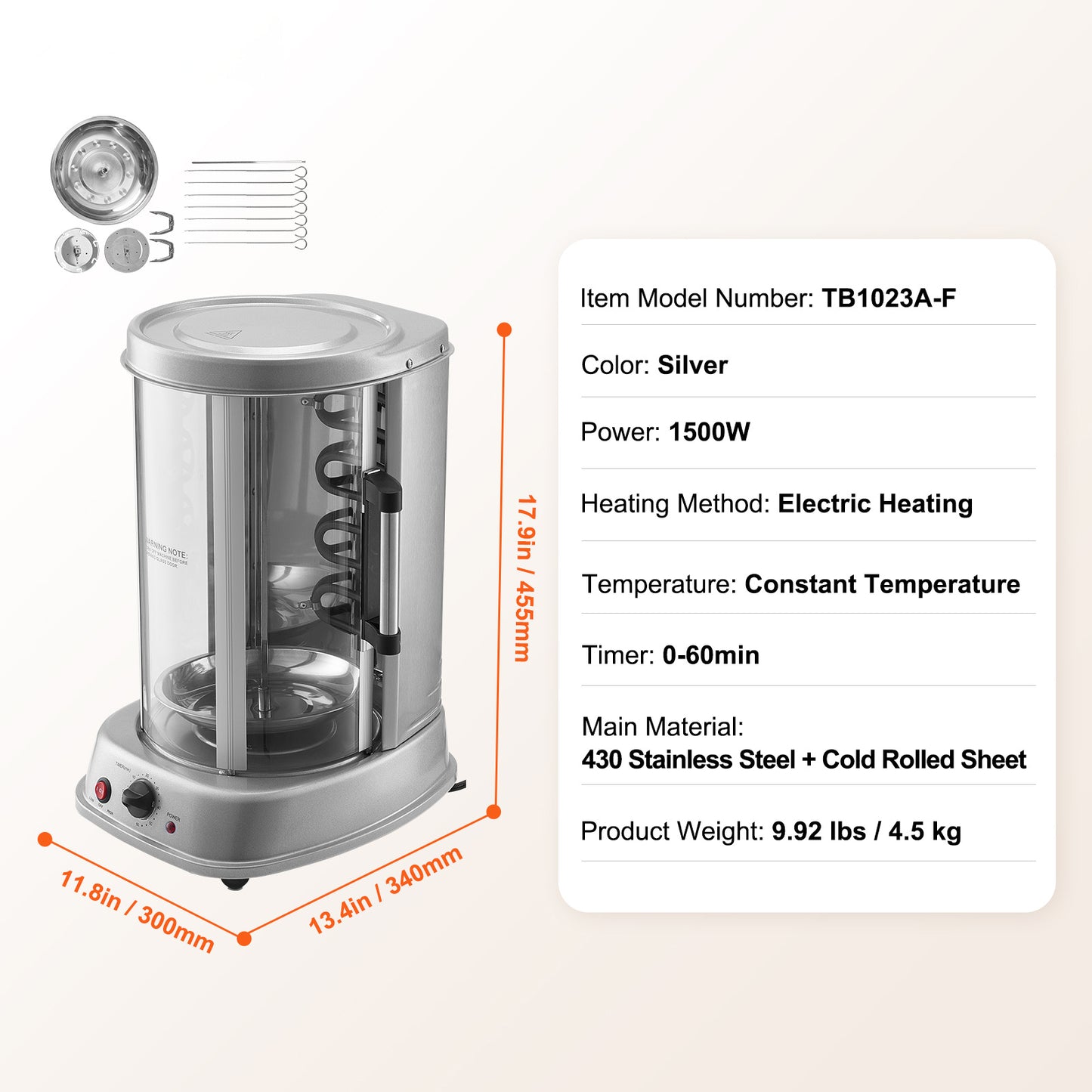 VEVOR Stainless Steel Shawarma Grill Machine Vertical Gyro Rotisserie Doner