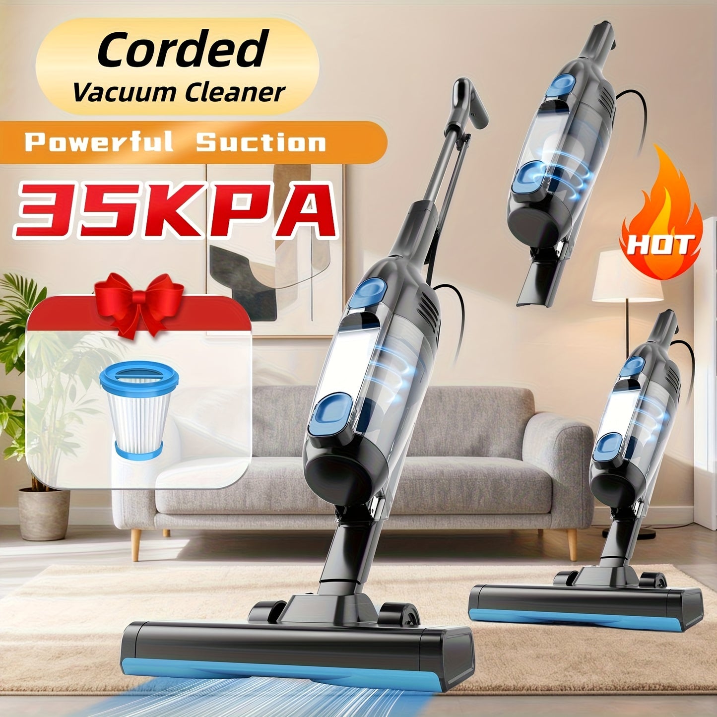 Vacuum Cleaner Cordless & Corded 2-in-1, INSE 35-70KPA Powerful Suction 6-in-1 Handheld Vacuum with Detachable Battery, 45-Min Runtime, 50.5oz Dust Cup, LED Brush – For Home Hardwood Floor Carpet Pet Hair