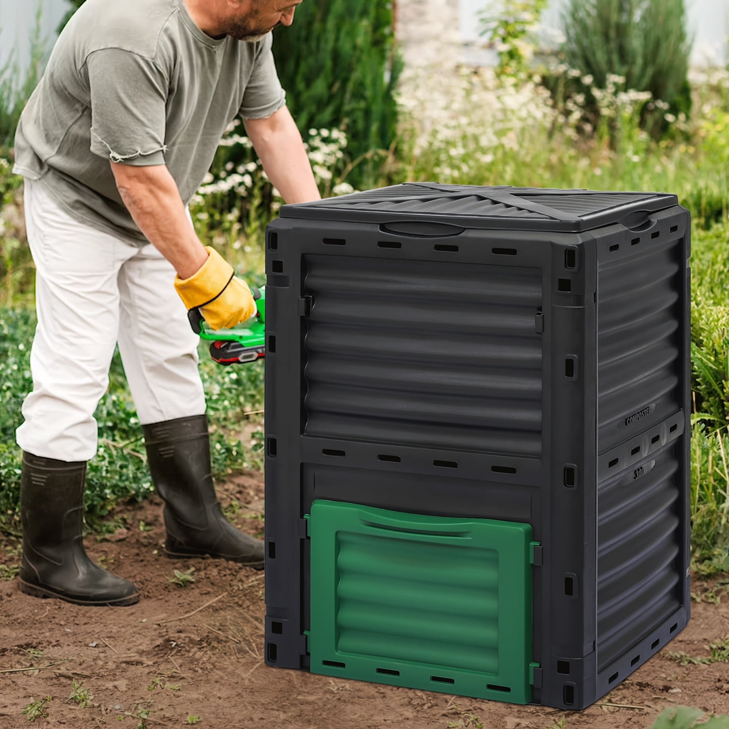 Monibloom 80 Gallon Large Compost Bin, BPA Free Outdoor Tumblers for Garden Patio, All-Season Fast Working Rotating Chamber Composters for Garden Patio W/Sliding Door