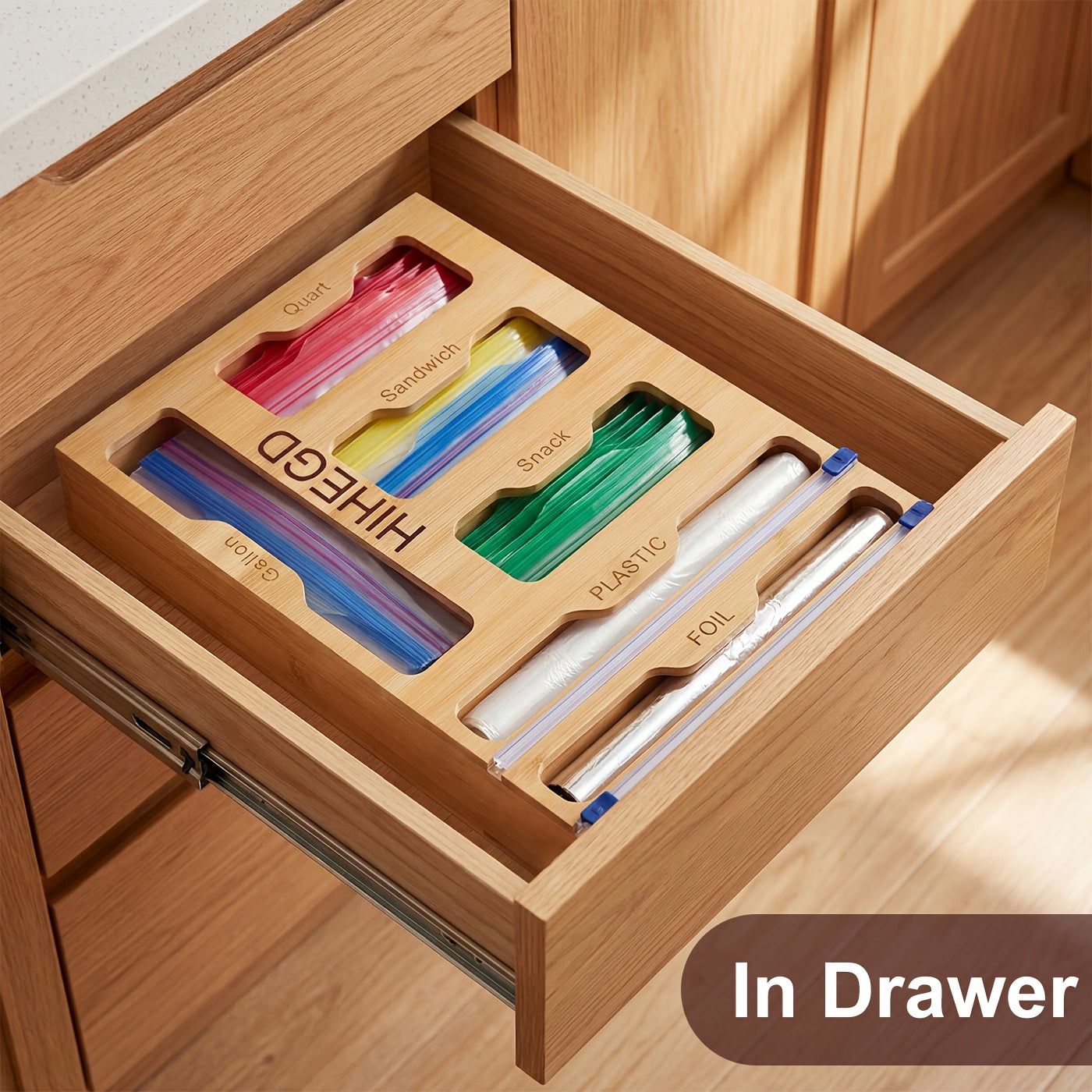 Bamboo Wrap Dispenser 6-in-1 Kitchen Organizer – Built-In Cutter, 6-Grid Storage Box for Plastic Wrap, Aluminum Foil & Bags, Space-Saving Drawer Organizer for Pantry & Kitchen Counter