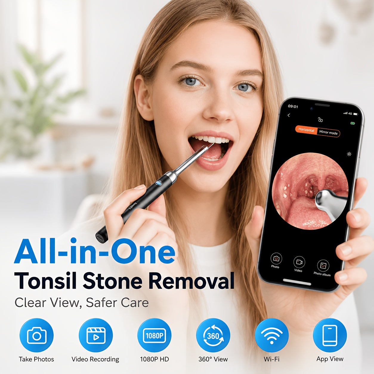 Tonsil Stone Remover with Camera - 1080P HD Visual Tonsil Stone Removal Tool with LED Light, 5-in-1 Stainless Steel Tips, Wi-Fi App Control, USB-C Rechargeable, Compatible with iOS & Android