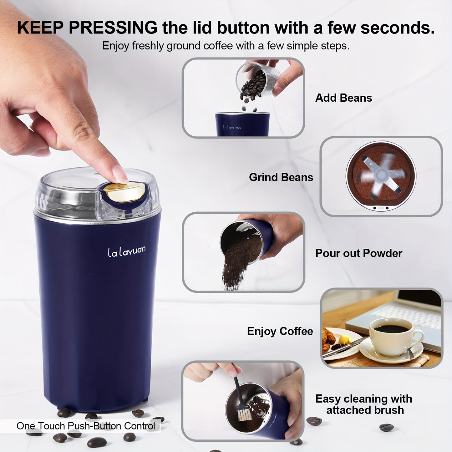 Coffee Grinder, 200W Powerful Electric Coffee Grinder, Quiet Spice Grinder, Fresh Grinding for Coffee Beans, Spices, Nuts, Grain, Peanut, One Touch Coffee Mill with Large Capacity 80g/3oz to 12 Cups, 304 Stainless Steel Blade Grinding Mill with Brus