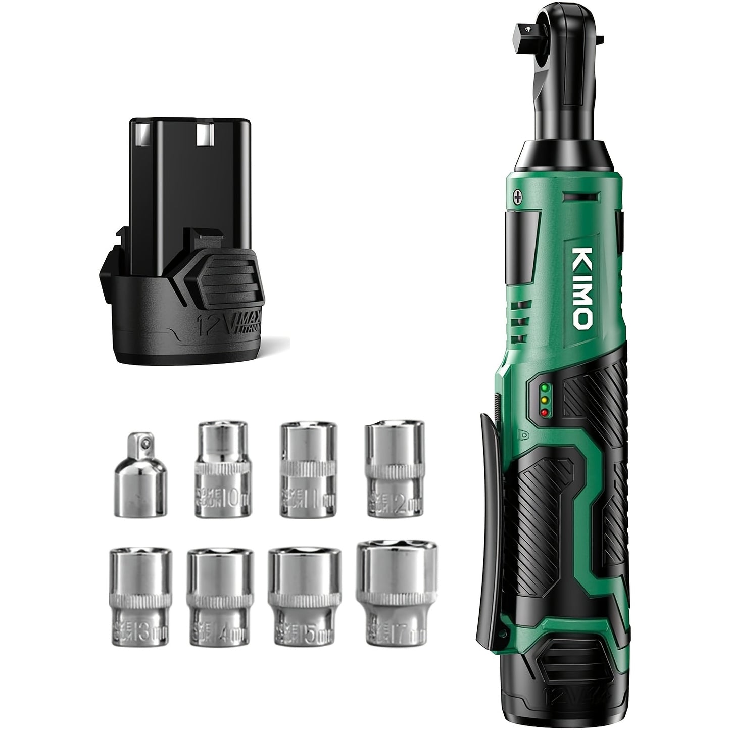 KIMO Electric Ratchet Wrench, Cordless Ratchet Wrench Set, 3/8 Inch 12V Power Tool, 40ft Lbs Torque, 400 RPM, Fast Charger, 2.0Ah Lithium Ion Battery, 8 Sockets Included, Variable Speed Trigger, Fathers Day Gift for Men, DIY, Automotive, Mechanics