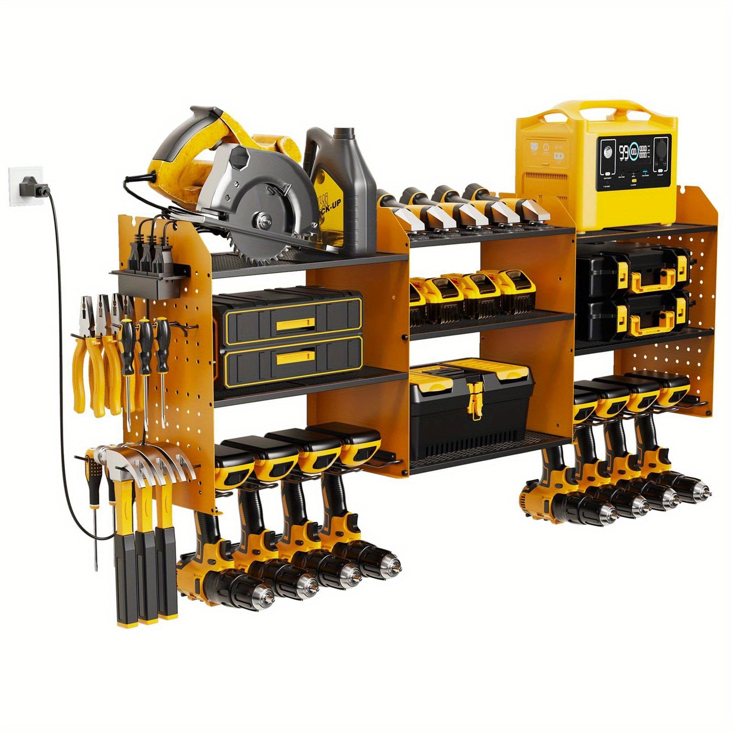 Power Tool Organizer Wall Mount with Charging Station | 3-Layer Cordless Drill Holder Storage Rack 45.5 Inch Heavy Duty – Adjustable Garage Tool Shelf for Workshop & Tool Room
