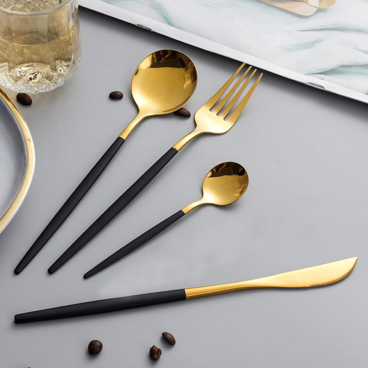Black Golden Flatware, Royal 24pcs Matte Black Handle 18/10 Stainless Steel Tableware Sets for 6 Including Forks Spoons Knives, Camping Silverware Travel Utensils Set Cutlery (Black Golden)