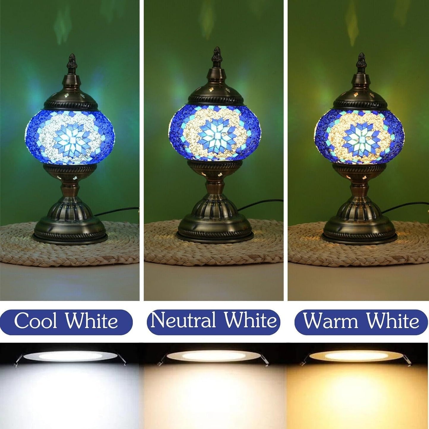 Turkish Moroccan Mosaic Table Lamp Handmade Crystal Glass Spherical Shade 3-Color Adjustable Bedside Night Light Metal Base Bulb Included for Bedroom Living Room Boho Home Decor Gift