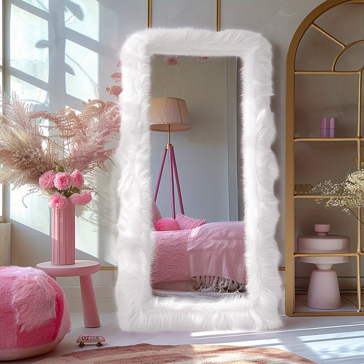 "Chic Faux Fur Framed Rectangle Full-Length Mirror, 24"" x 63"", Leaning Wall Mirror for Bedroom, Living Room, Hallway"