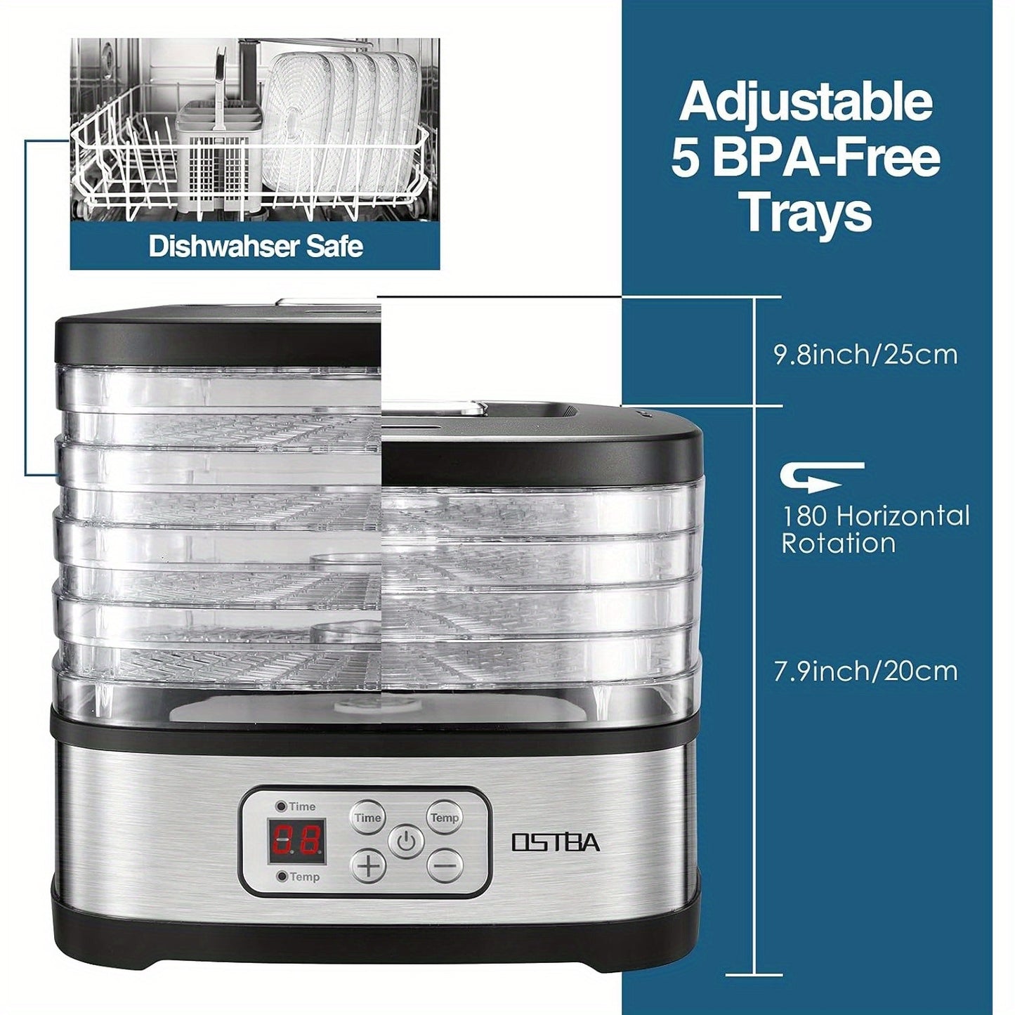 OSTBA Food Dehydrator Machine Adjustable Temperature & 72H Timer, 5-Tray Dehydrators for Food and Jerky, Fruit, Dog Treats, Herbs, Snacks, LED Display, 240W Electric Food Dryer, Recipe Book