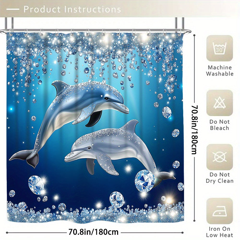 4pcs diamond rain dolphin shower curtain decoration, beautiful housewarming gift, modern home decoration, shower curtain and toilet floor mat three piece set with 12 shower curtain hooks