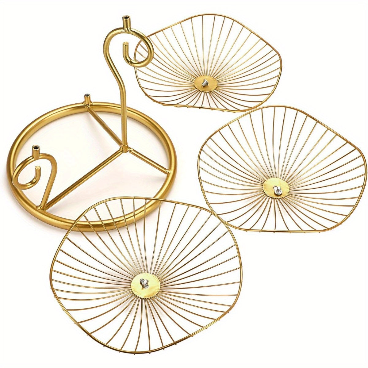 Fruit Basket Stand 3-Tier Decorative Iron Metal Wire Fruit Bowl with Lotus Leaf Design, Countertop Holder for Fruits Vegetables Bread Snacks, Modern Home Kitchen Table Centerpiece Organizer Gold