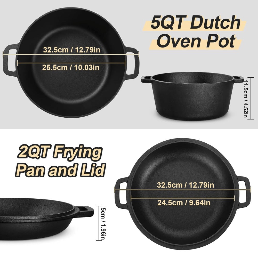 2-In-1 Pre-Seasoned Cast Iron Dutch Oven with Handles - Crock Pot Black Cast Iron Pot with Skillet Lid - All in 1 Cookware Braising Pan for Casserole Dish - 5 Quart - Black