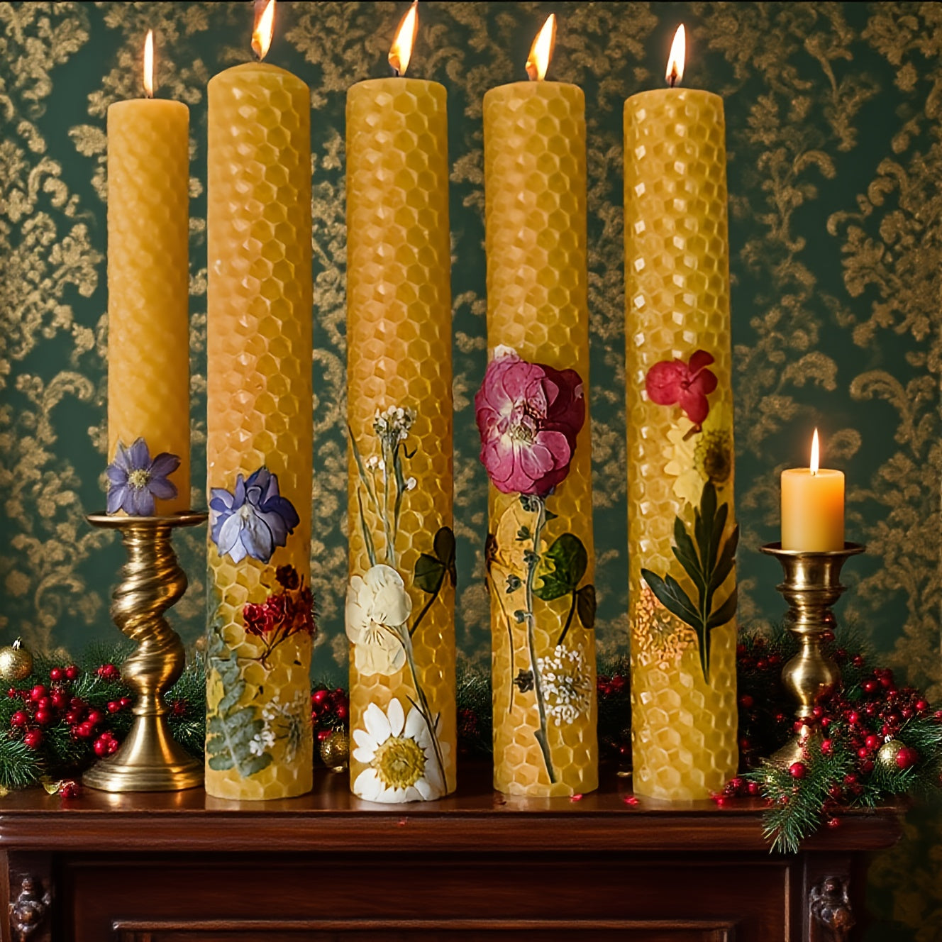 4 Beautiful Floral Cone-shaped Candle Holders, 10-inch Long Decorative Candles Cylindrical Candles for Holiday Parties And Celebrations. Ideal for Gifting On Valentine's Day, Mother's Day, And During The Cherry Blossom Season.