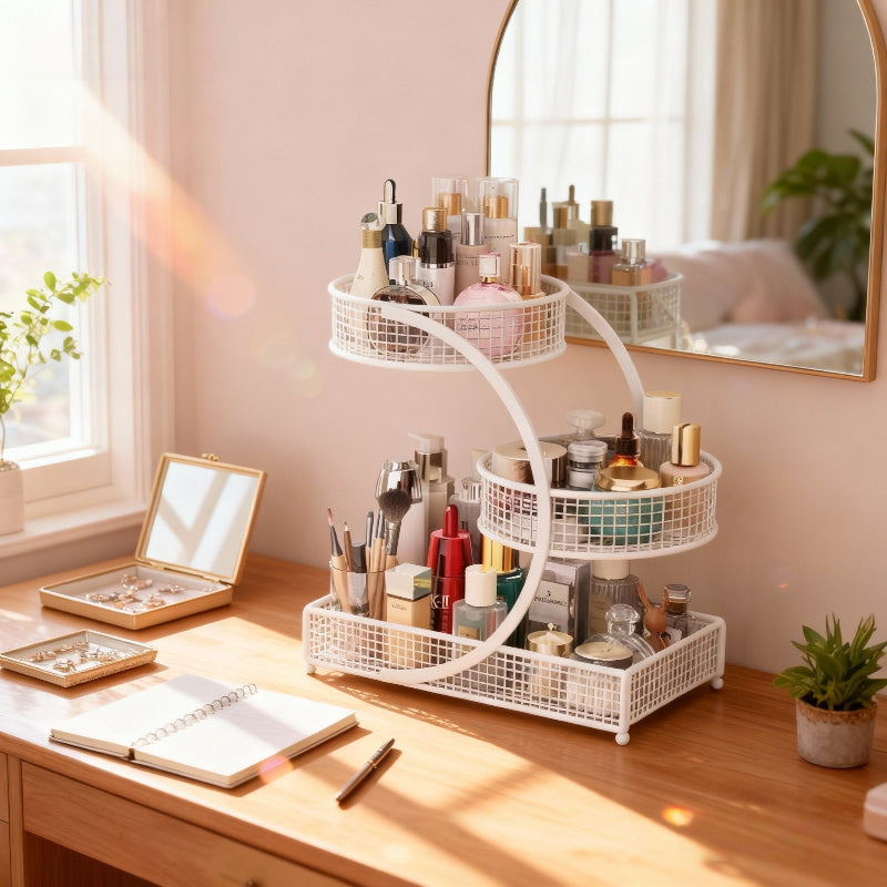 2-Tier/3-Tier Lightweight Metal Cosmetic Organizer with Round Baskets | Welded Construction, Anti-Rust Finish, Space-Saving Vanity Storage Rack for - Ideal Gift for Women & Girls, Makeup Organizer for Vanity, Sleek Metallic Finish