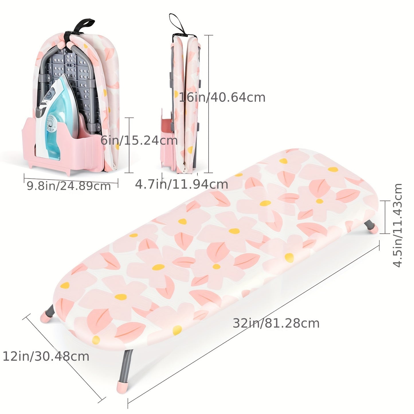Small Ironing Board with Iron Holder, Compact Ironing Board with Non-Slip Feet, Portable Tabletop Ironing Board with Cover for Small Spaces And Travel, Pink