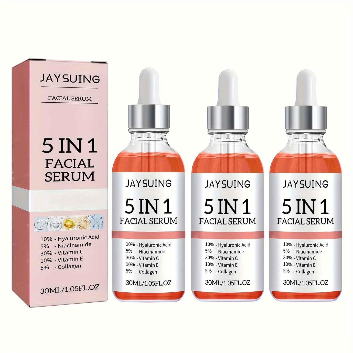 3pcs, 30ml/1fl.oz, 5-in-1 Facial Serum - with Hyaluronic Acid, Vitamin C & E, Hydration Formula, Suitable for All Skin Types, Non-Irritating, Alcohol-Free, Unisex Adult Skin Care