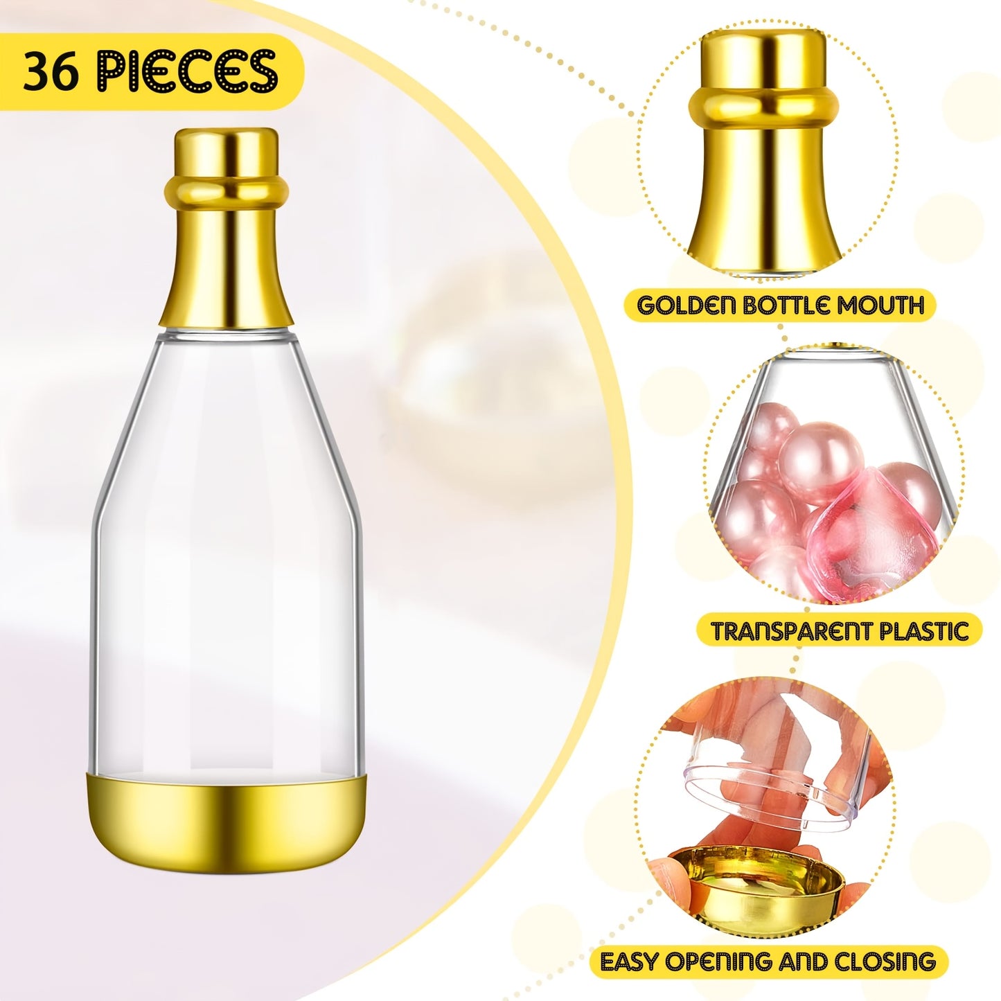 Gift for Her/Him 36 Mini Champagne Candy Bottles, DIY Party Favors, Clear Golden Plastic Containers. Perfect for Baby Showers, Bridal Showers, Weddings, And Birthday Parties.