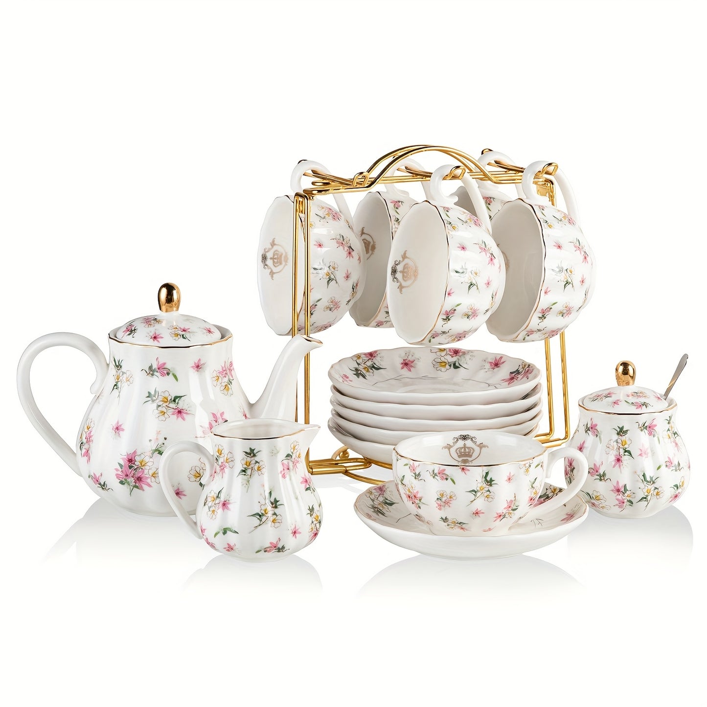 Sweejar Porcelain Tea Sets British Royal Series, 8oz Cups & Saucer Service for 6, with Teapot Sugar Bowl Cream Pitcher Teaspoons And Tea Strainer, Suitable for High Tea, Wedding, Party