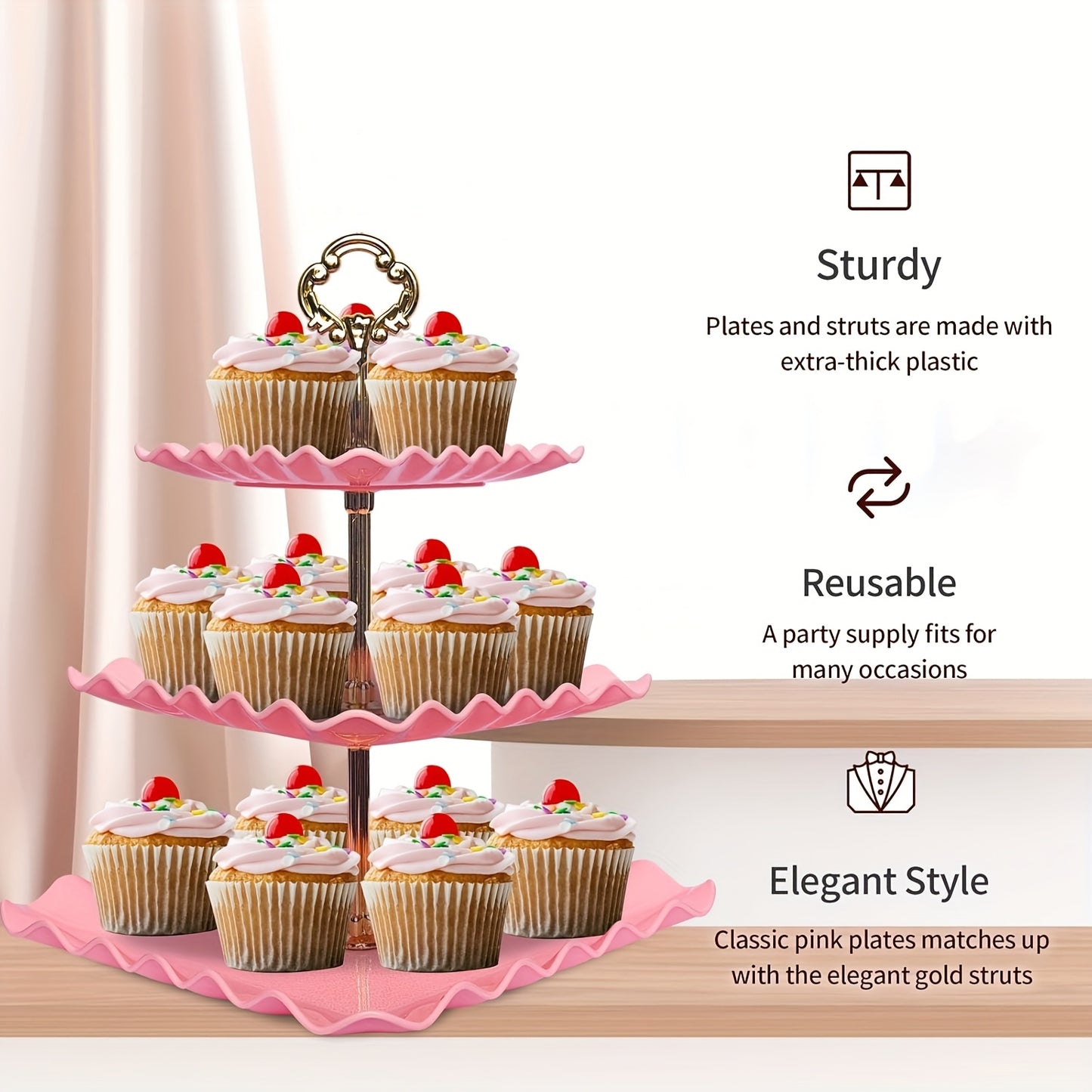 5 Cake Stand Set with 2 Square Three-Tier Cupcake Stands, 3 Appetizer Trays for Birthday Baby Bridal Shower Party Christmas Halloween (Pink)
