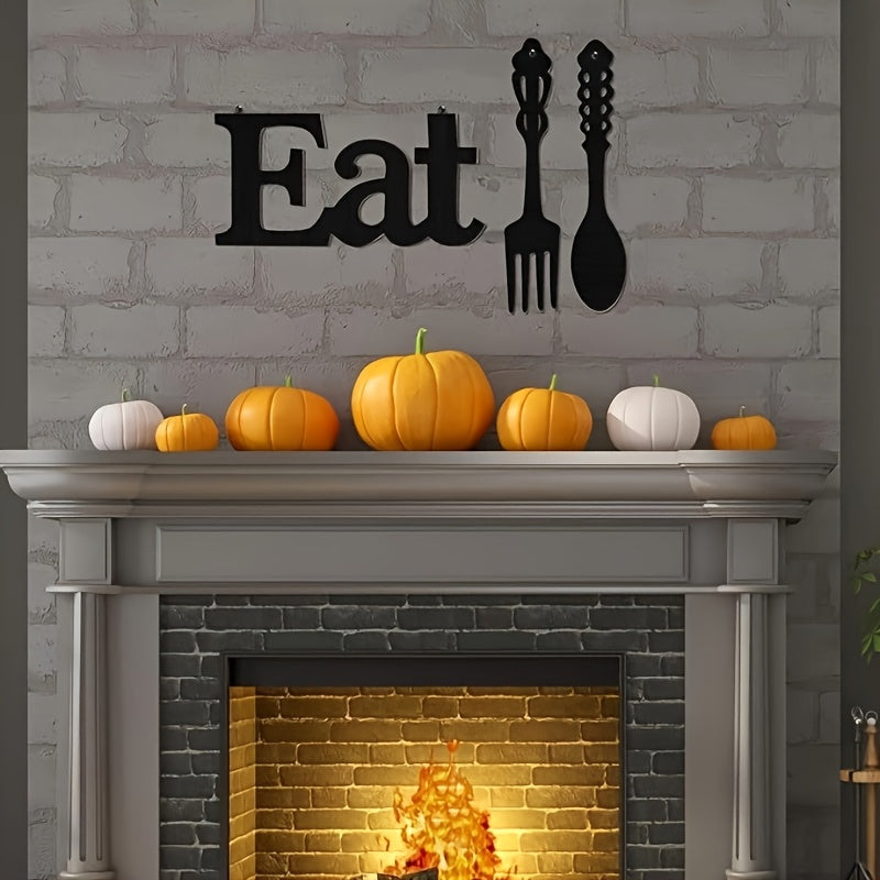 Set Of EAT Sign, Fork And Spoon Wall Decor, Rustic Wood Eat Decoration, Cute Eat Letters for Kitchen And Home, Decorative Hanging Wooden Letters, Country Wall Art for Dining Room (Black)
