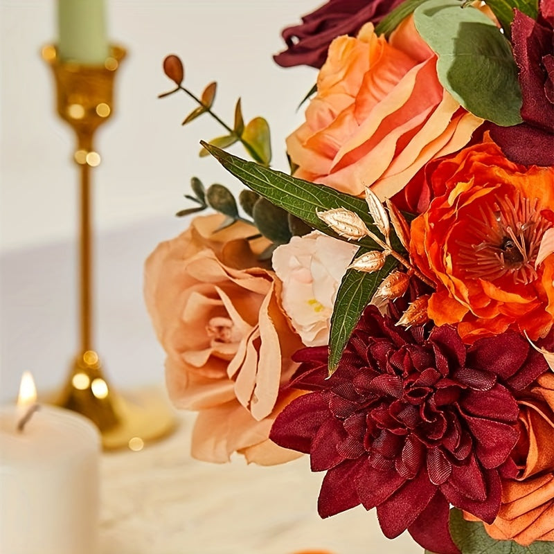 AUSOGO Artificial Orange Wine Red Blue Autumn Wedding Flower Combination, Foam Cake Flower Bride Bouquet Flower Arrangement for Tabletop, Fall Harvest Winter Halloween Valentine's Day Decoration