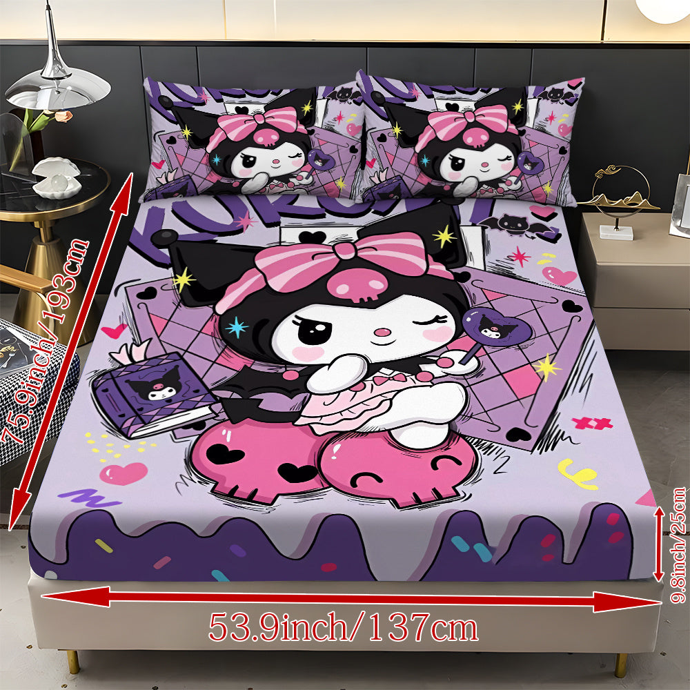 Sanrio Hello Kitty & Kuromi Bedding Set 3pcs – Fitted Sheet & Pillowcases, Soft Polyester, Machine Washable, Twin Full Queen King, All-Season Bedroom Decor for Kids Girls Home Guest Room