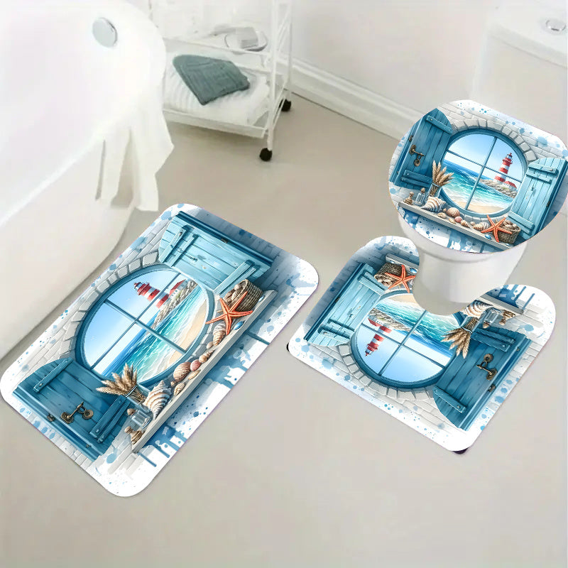 1/4pcss Window View Lighthouse Pattern Bathroom 4pcs Set, Including Shower Curtain+ + Toilet Seat Cover+ U-Shaped with 12 Hooks, Suitable for Apartment/Hotel Bathroom Additions