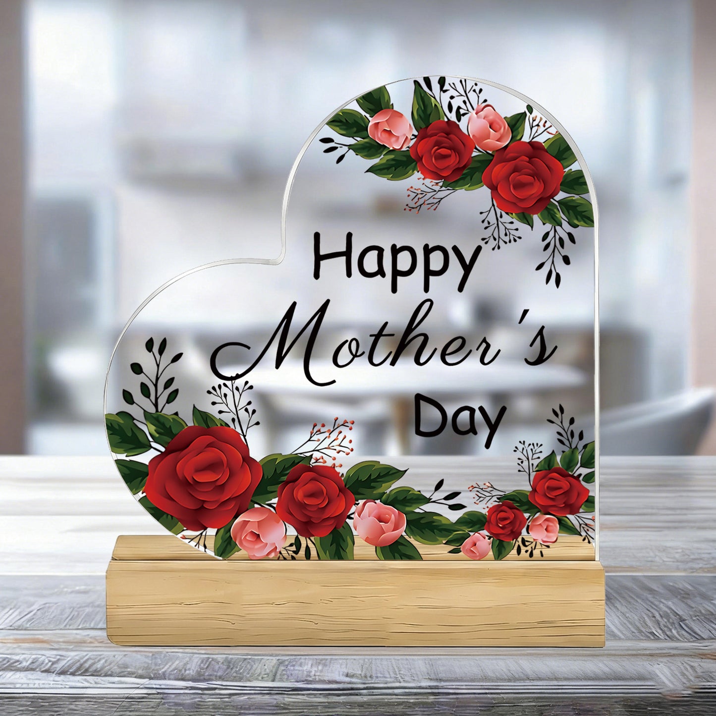 2D Flat, 1pc Floral Happy Mother'S Day Heart-Shaped Acrylic Sign with Wooden Base, Heartwarming Flower Decor for Mom, Perfect Gift for Mother'S Day Celebration, Desktop Ornament for Home Living Room Bedroom