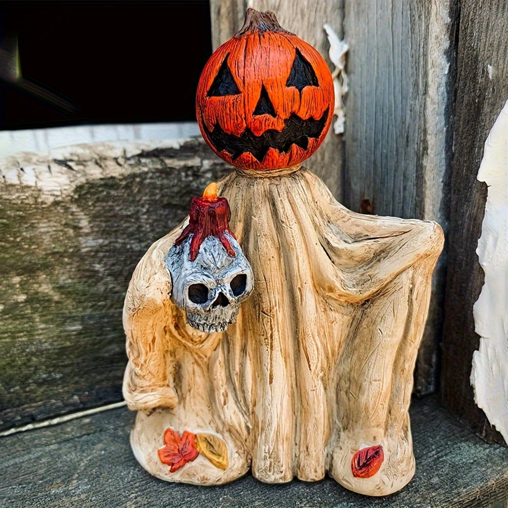Halloween Pumpkin Wizard Resin Figurine 2-Pack – Spooky Desktop Ornament & Bookshelf Decor, Skeleton Gnome Tabletop Statue for Halloween Home Decor & Seasonal Display