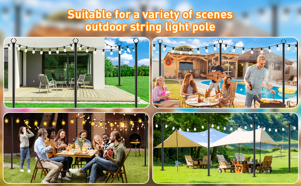 4 Pack 11.1FT Forked String Light Poles, Outdoor Metal Light Stand for Patio, Deck, Backyard & Garden, Rustproof Heavy Duty Poles for Summer Parties, Weddings, Christmas & All Season Decor, No Tools