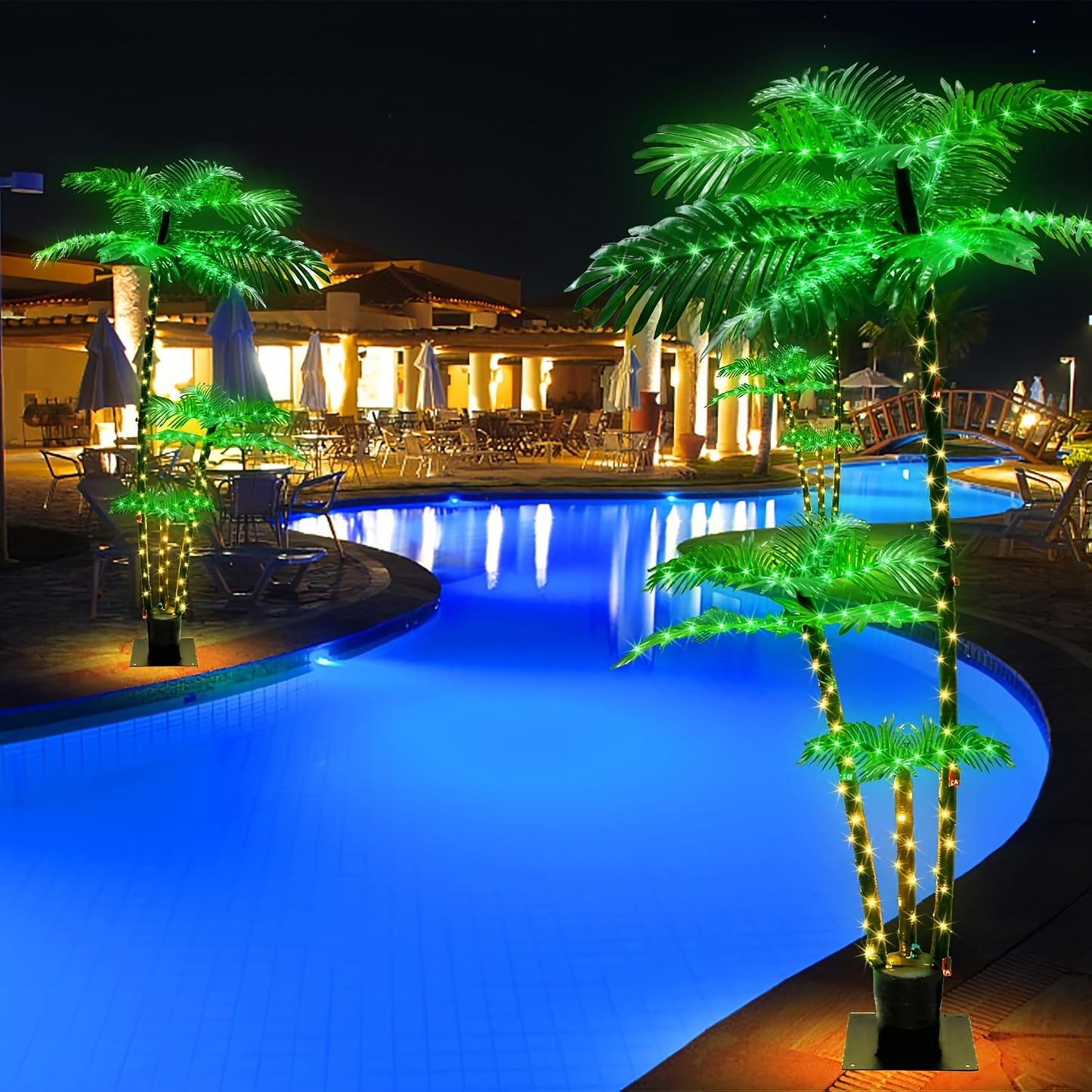 Solar Powered Artificial Palm Tree 7ft Triple Trunk 260 LED Lights 8 Modes Dimmable Timer 2200mAh Battery Metal Base Outdoor Indoor Decor Tiki Bar Patio Beach Garden Christmas Halloween Party