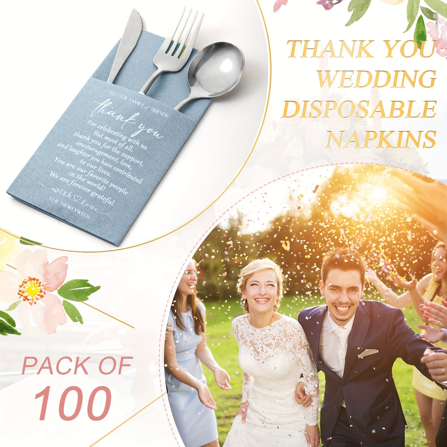 100-Piece Solid Color Thank You Wedding Napkins, Cocktail Napkins for Newlyweds, Guests, Family and Friends, with Built-in Utensil Pocket, Tissue Napkins for Bridal Shower, Rehearsal Dinner, Party Supplies, Haze Blue