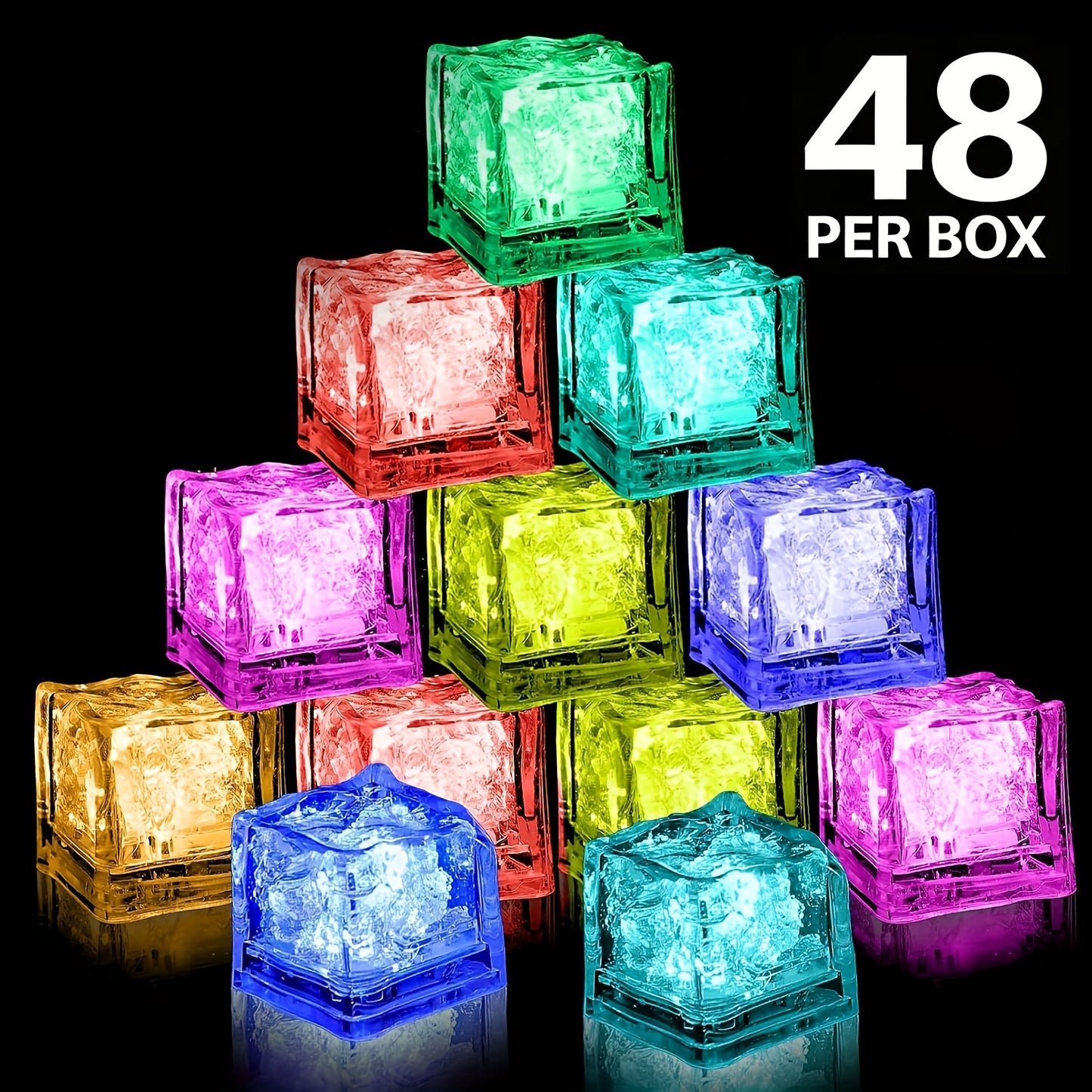 LED Ice Cube Lights Reusable Mixed Color, Flashing Sensory Light-Up Ice Cubes for Bar, Party & Wedding Decoration — Bulk Set of 24 or 48 | Eco-Friendly Promotional Event Lights