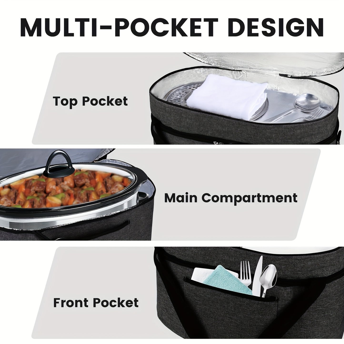 2 Layer Slow Cooker Bag for 6-8 Quart, Travel Reunionc Outdoor, Easy to Transport Insulation Water Proof Easy Cleaning to Carry, Family Gathering Potluck, Gift for Women - Black And Grey