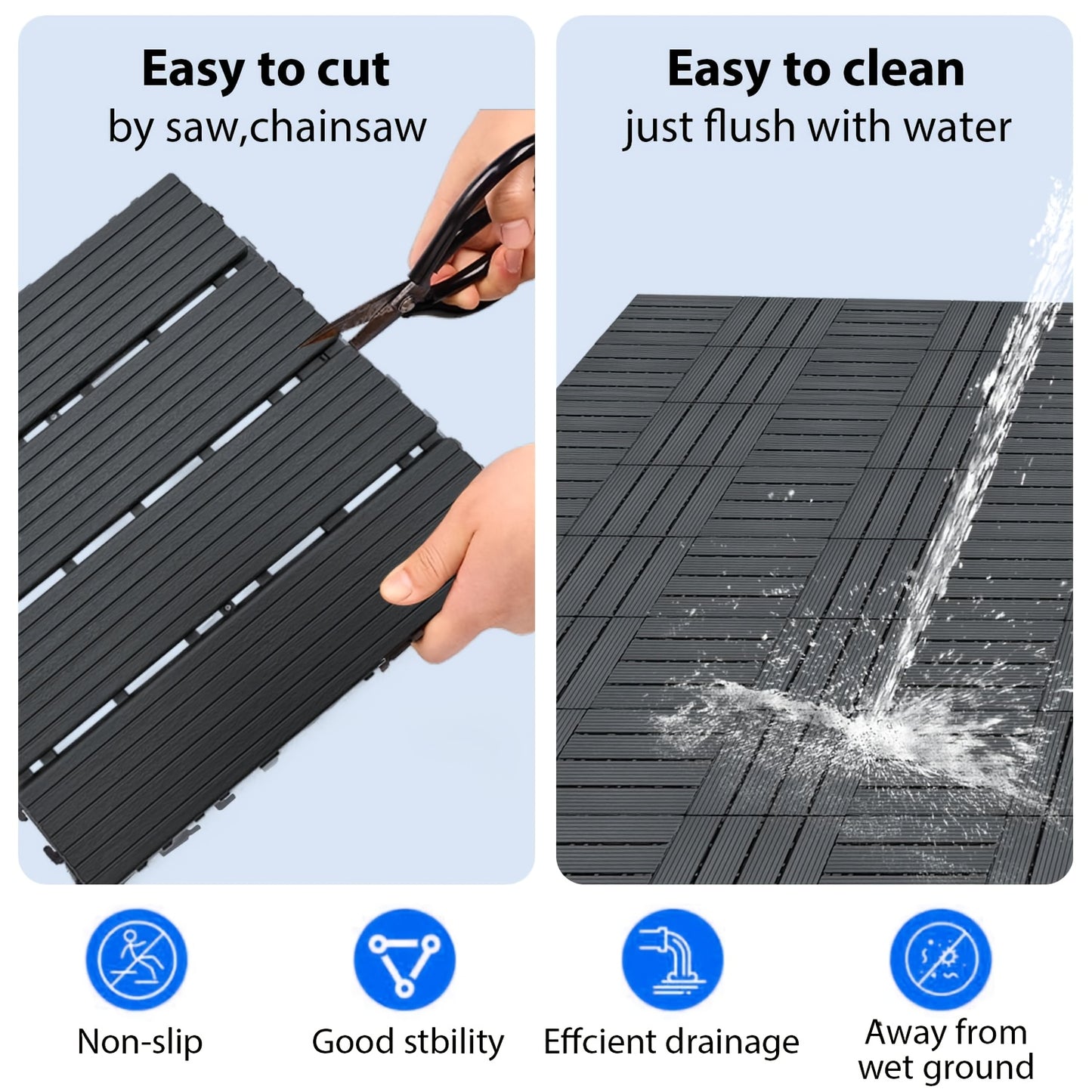 Interlocking Deck Tiles 44pcs 12"x12", Waterproof Outdoor Patio Flooring Tiles, PP Plastic Interlocking Floor Tiles for Balcony Pool Backyard Terrace, Easy Install All-Weather Anti-Slip Deck Tiles Grey